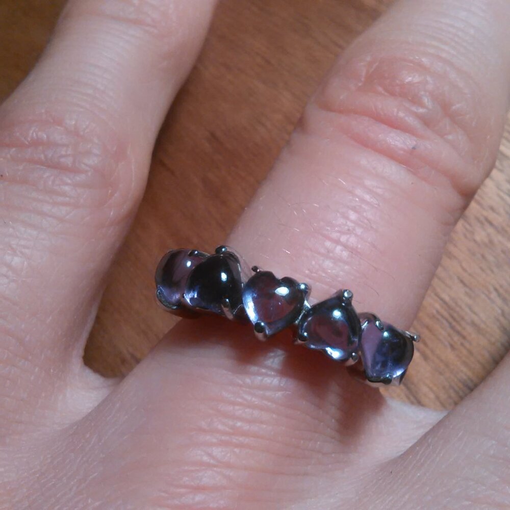 Five Stone African Amethyst Heart Shape Gemstone Stainless Steel Ring (Size 6)